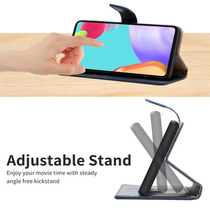 Dark blue leather flip phone case propped up as a viewing stand