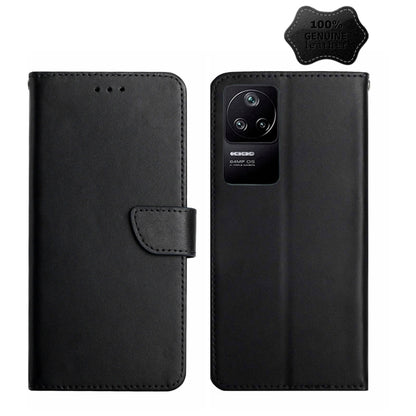 Black leather flip phone case with side strap and camera cutout view
