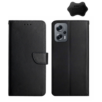 Black leather flip phone case, front cover and back camera-side view