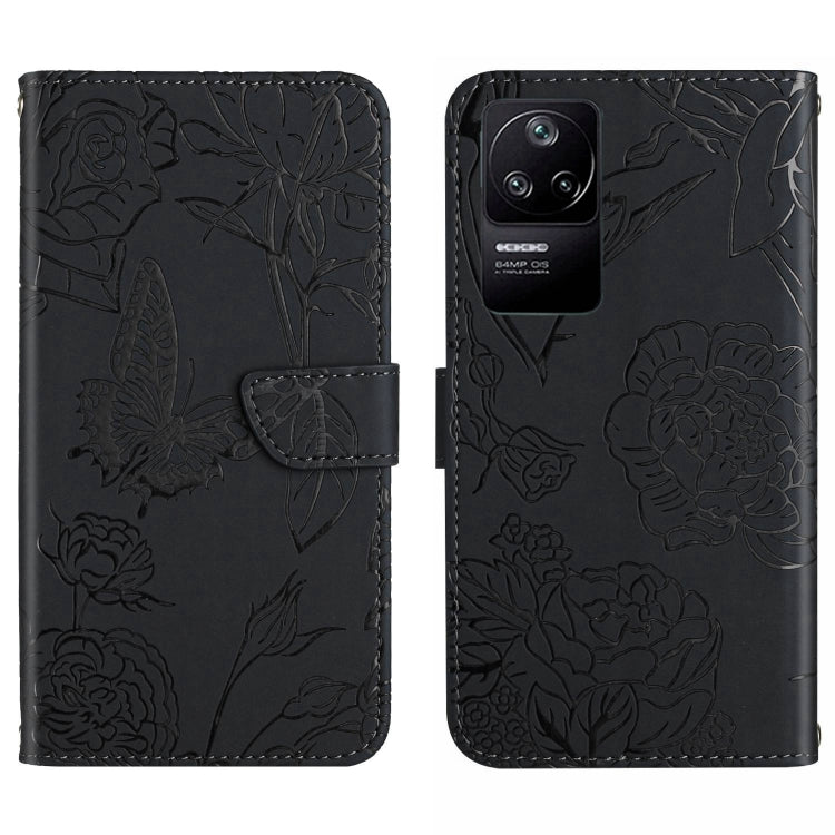Black embossed leather phone case with butterfly and floral peony pattern, side wallet flap