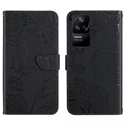 Black embossed leather phone case with butterfly and floral peony pattern, side wallet flap
