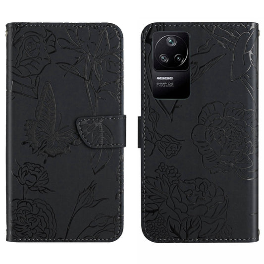 Black embossed leather phone case with butterfly and floral peony pattern, side wallet flap