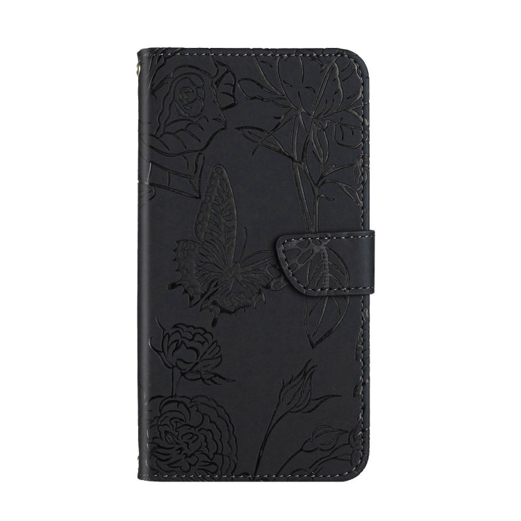 Black embossed leather phone case with butterfly and floral peony design and front wallet strap
