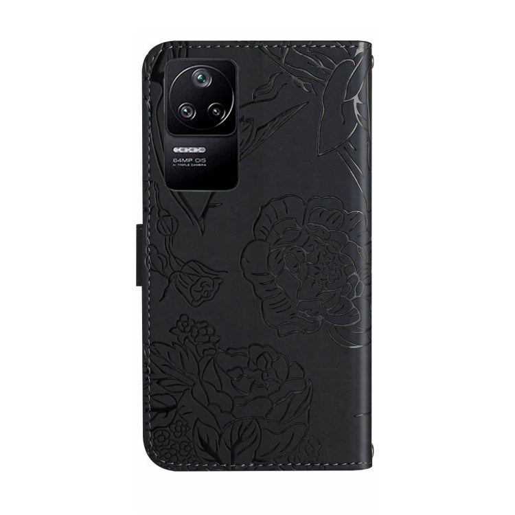 Black embossed leather phone case with butterfly and floral peony pattern and camera cutout