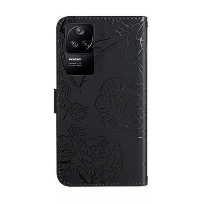 Black embossed leather phone case with butterfly and floral peony pattern and camera cutout