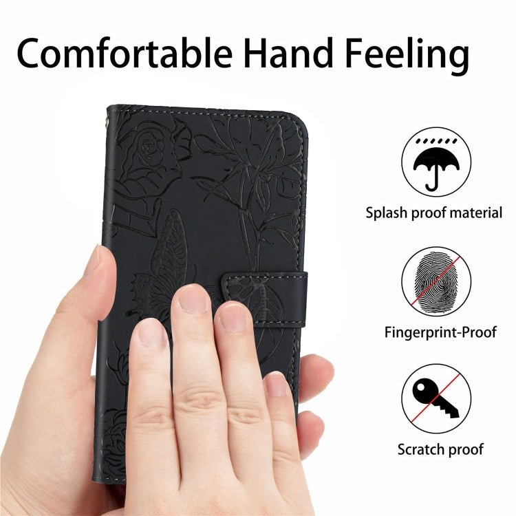 Black embossed leather phone case with butterfly floral pattern and secure front hand grip