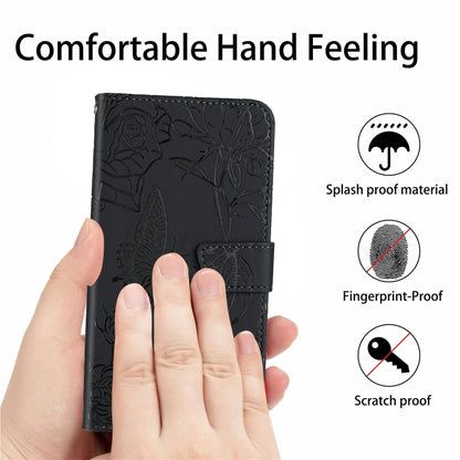Black embossed leather phone case with butterfly floral pattern and secure front hand grip