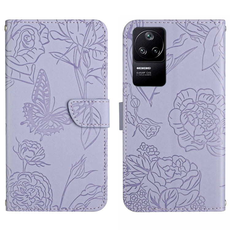 Purple embossed leather phone case with butterfly and floral peony pattern and camera cutout