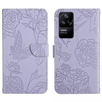 Purple embossed leather phone case with butterfly and floral peony pattern and camera cutout