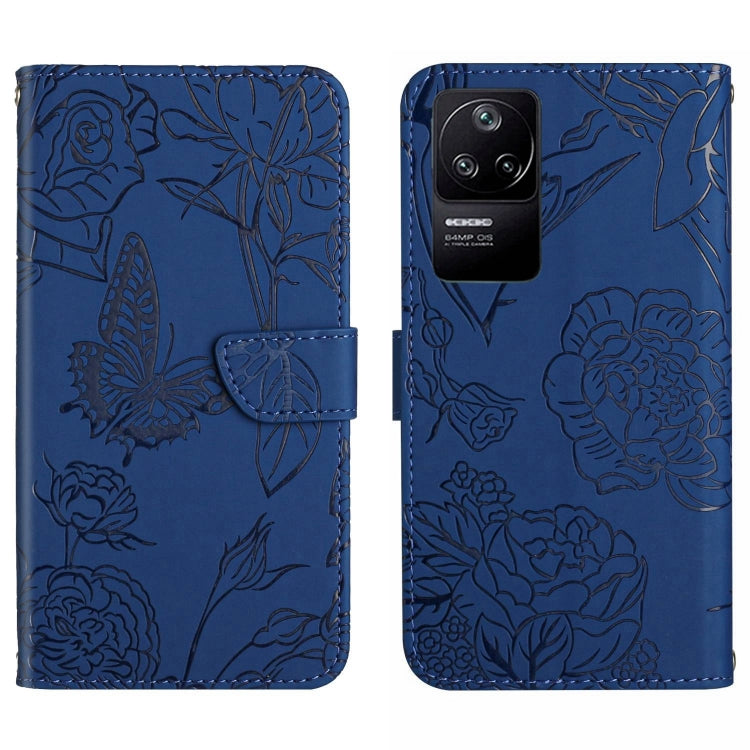 Blue embossed leather wallet phone case with butterfly and floral peony pattern