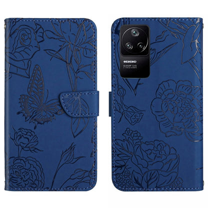 Blue embossed leather wallet phone case with butterfly and floral peony pattern