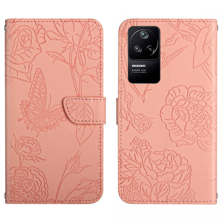Pink embossed leather phone case with butterfly and floral peony pattern and camera cutout