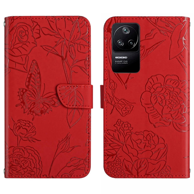 Red embossed butterfly-and-flower leather-look phone case with flip cover and card slot.
