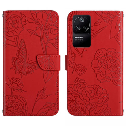 Red embossed butterfly-and-flower leather-look phone case with flip cover and card slot.