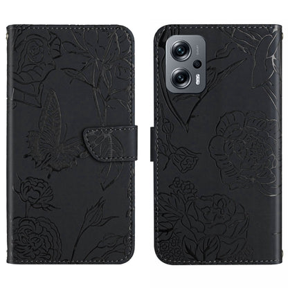 Black embossed butterfly-and-flower leather-look phone case with flip cover and camera cutout.