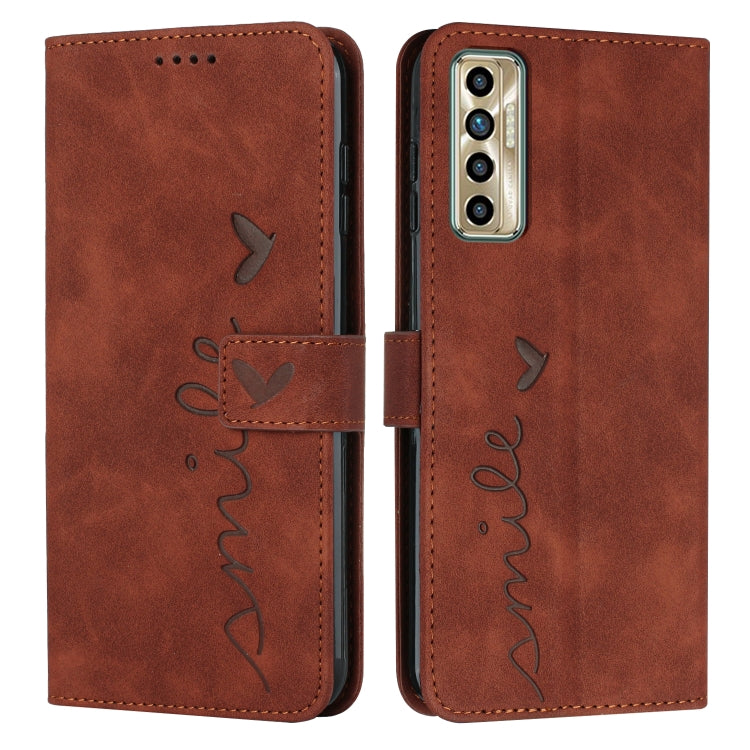 Brown leather phone case with heart pattern, flip cover and camera cutout