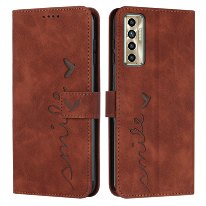Brown leather phone case with heart pattern, flip cover and camera cutout