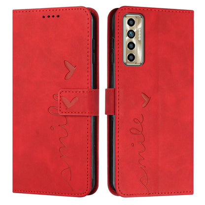 Red leather phone case with heart pattern, flip cover and camera cutout