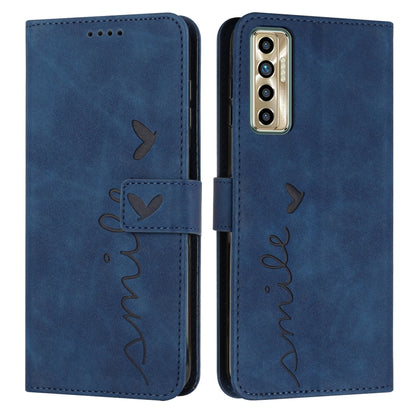 Blue leather phone case with heart pattern, flip cover and camera cutout