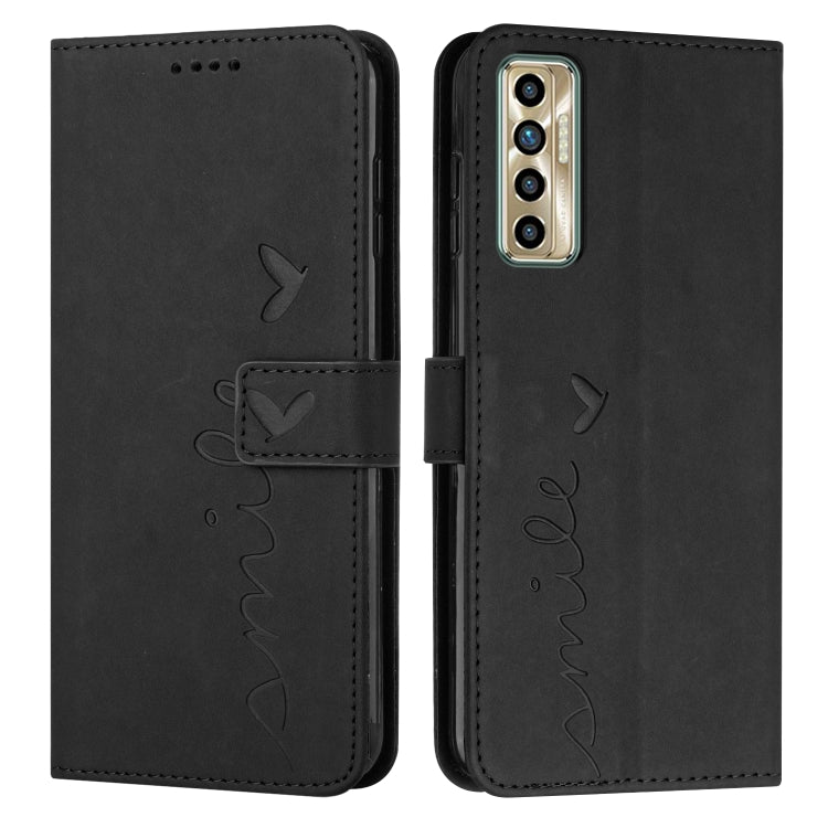 Black leather phone case with heart pattern, flip cover and camera cutout