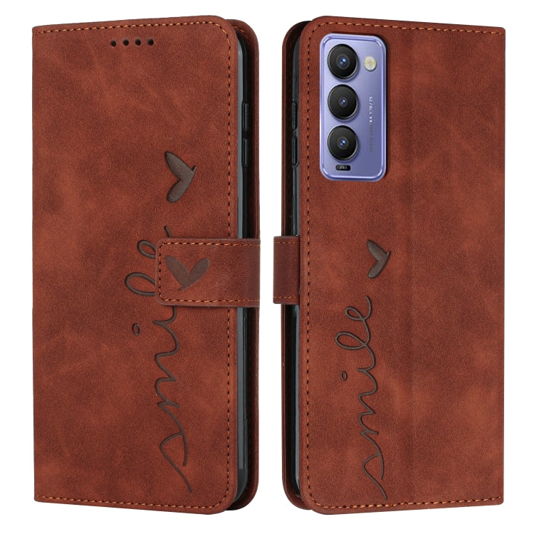 Brown leather wallet phone case with heart-and-bird line art, magnetic folio cover.