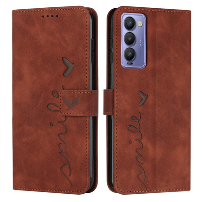Brown leather wallet phone case with heart-and-bird line art, magnetic folio cover.