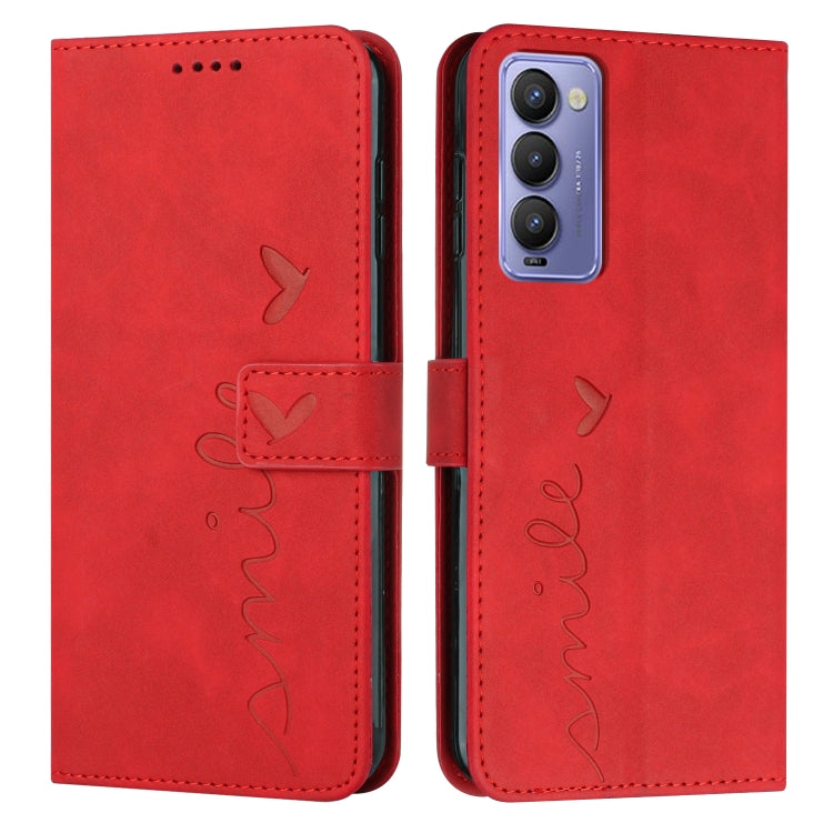 Red leather wallet phone case with heart-and-bird line art, magnetic folio cover.