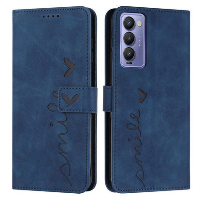 Blue leather wallet phone case with heart-and-bird line art, magnetic folio cover.