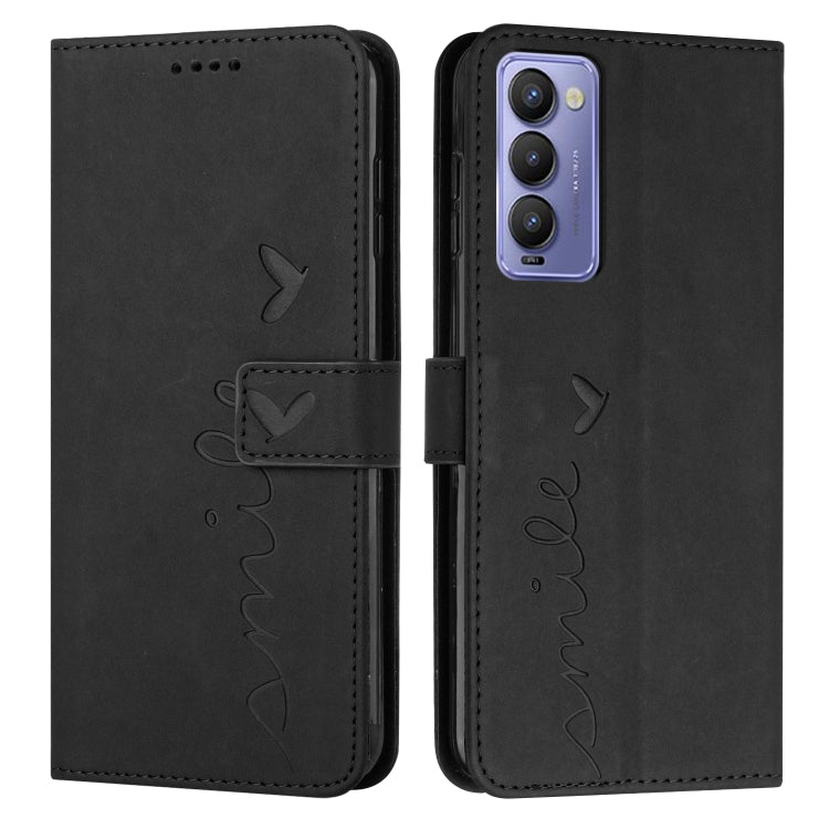 Black leather wallet phone case with heart-and-bird line art, magnetic folio cover.
