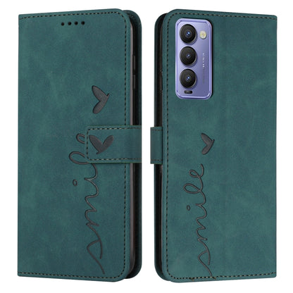 Teal leather wallet phone case with heart-and-bird line art and card cutouts, folio.
