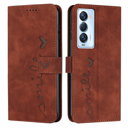 Brown leather wallet phone case with heart-and-bird line art, camera cutout front.