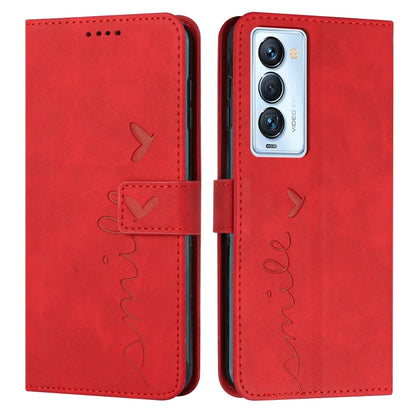 Red leather wallet phone case with heart-and-bird line art, camera cutout front.