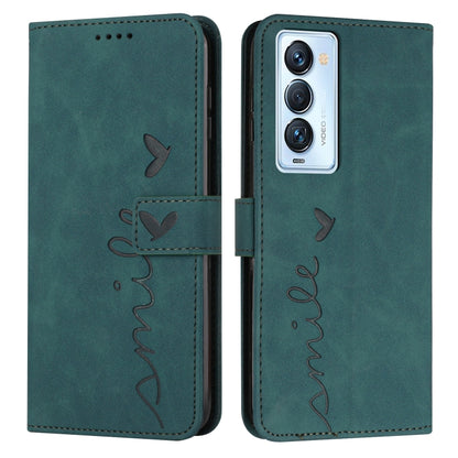 Leather wallet phone case with heart pattern, flap closure, teal/green finish, card slots