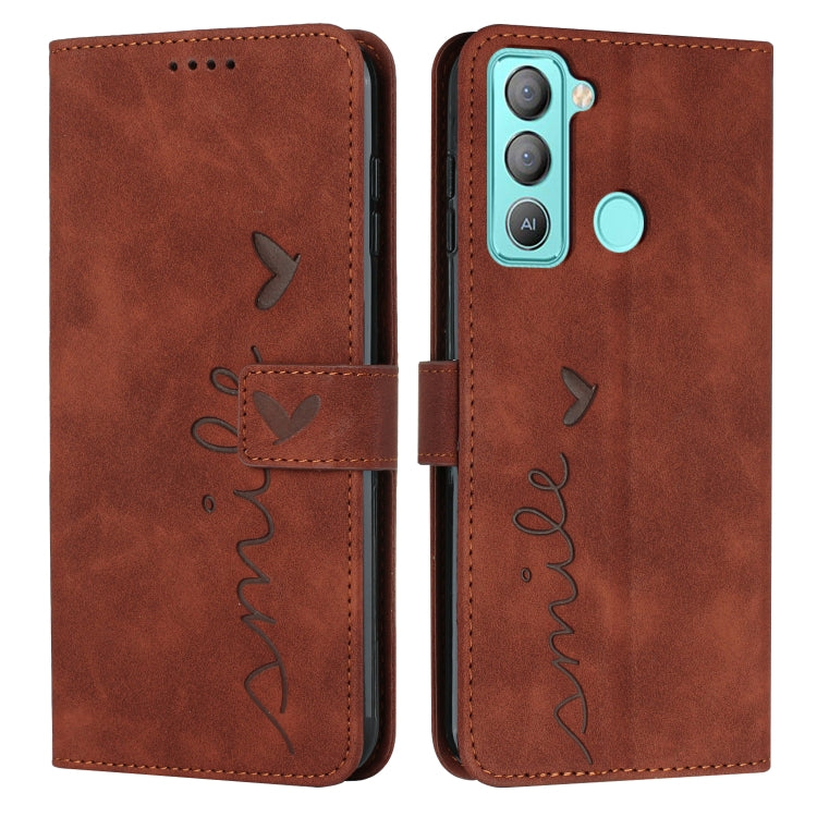 Leather wallet phone case with heart pattern, flap closure, brown finish, camera cutout