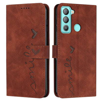 Leather wallet phone case with heart pattern, flap closure, brown finish, camera cutout