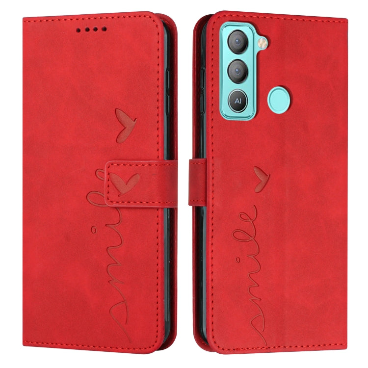 Leather wallet phone case with heart pattern, flap closure, red finish, camera cutout