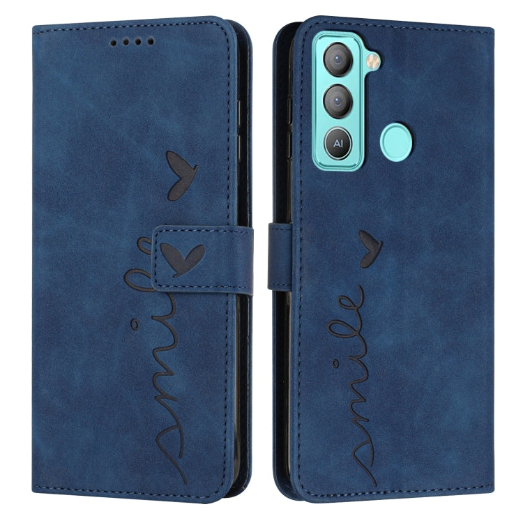 Leather wallet phone case with heart pattern, flap closure, blue finish, camera cutout