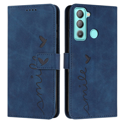 Leather wallet phone case with heart pattern, flap closure, blue finish, camera cutout