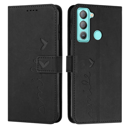 Leather wallet phone case with heart pattern, flap closure, black finish, camera cutout