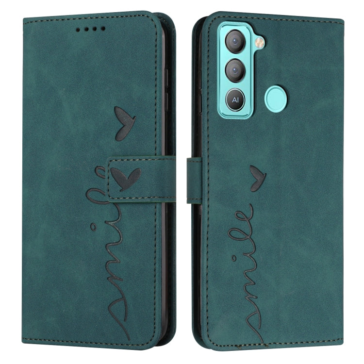 Leather wallet phone case with heart pattern, flap closure, teal/green finish, camera cutout