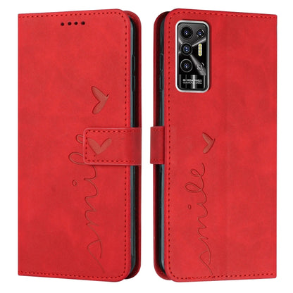 Leather wallet phone case with heart pattern, flap closure, red finish, camera lens cover