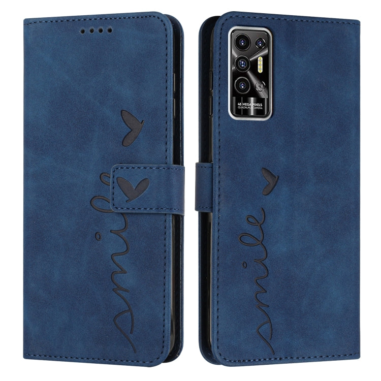Leather wallet phone case with heart pattern, flap closure, blue finish, camera lens cover