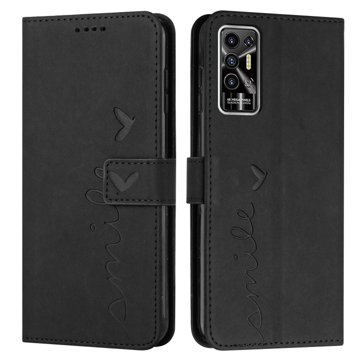 Leather wallet phone case with heart pattern, flap closure, black finish, camera lens cover