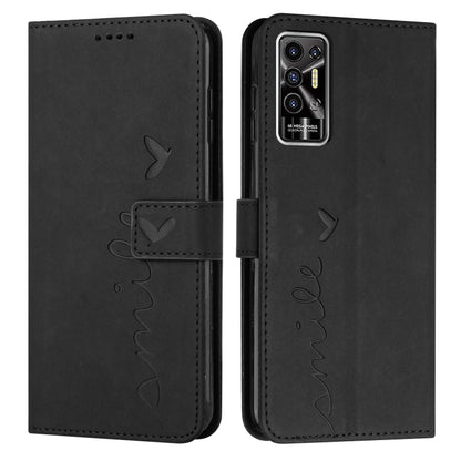 Leather wallet phone case with heart pattern, flap closure, black finish, camera lens cover