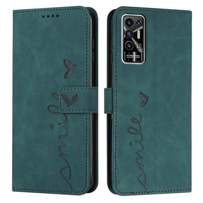 Green leather wallet phone case with heart pattern and flip cover, camera cutout
