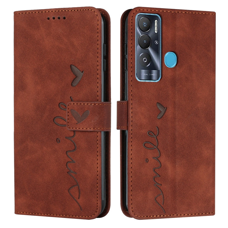 Brown leather wallet phone case with heart pattern and flip cover, camera cutout