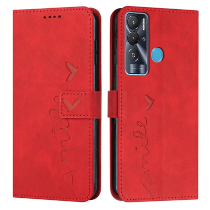 Red leather wallet phone case with heart pattern and flip cover, camera cutout