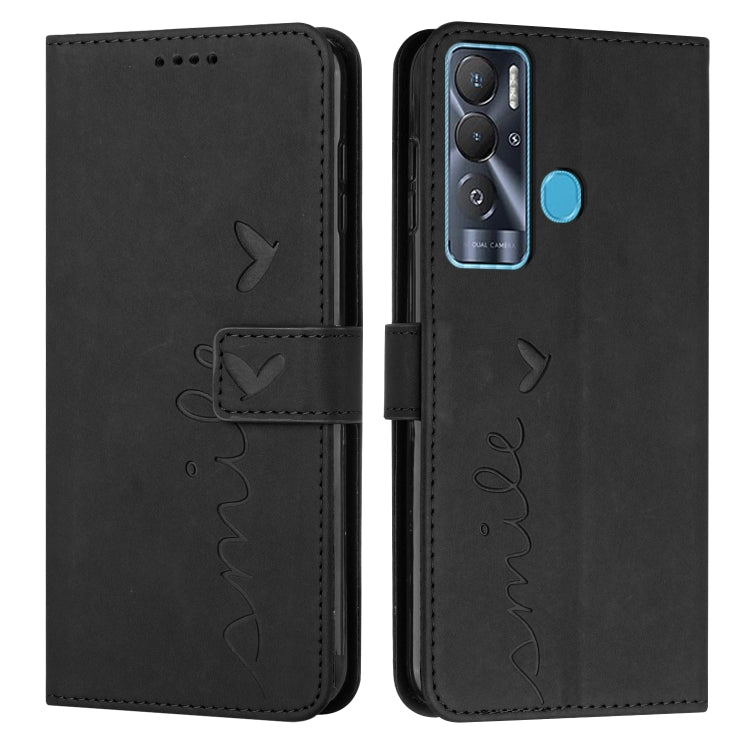 Black leather wallet phone case with heart pattern and flip cover, camera cutout