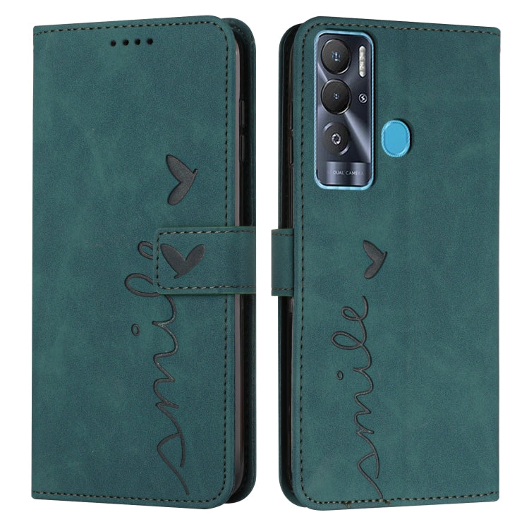 Teal-green leather wallet phone case with heart pattern and flip cover, camera cutout