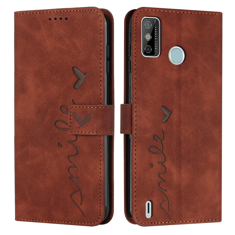 Brown leather wallet phone case with heart pattern and flip cover, side button opening
